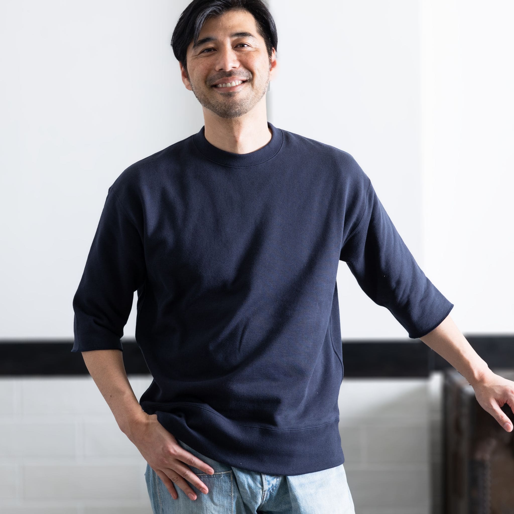 シーアイランドコットン 吊り裏毛 クルーネックスウェット（5分袖）