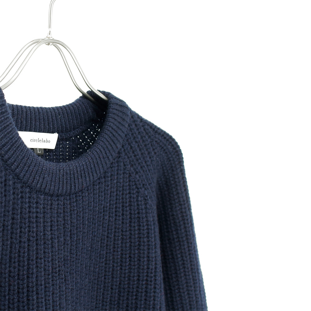 ピュアカシミヤ ホールガーメント ラグラン 畦編みクルーネックセーター