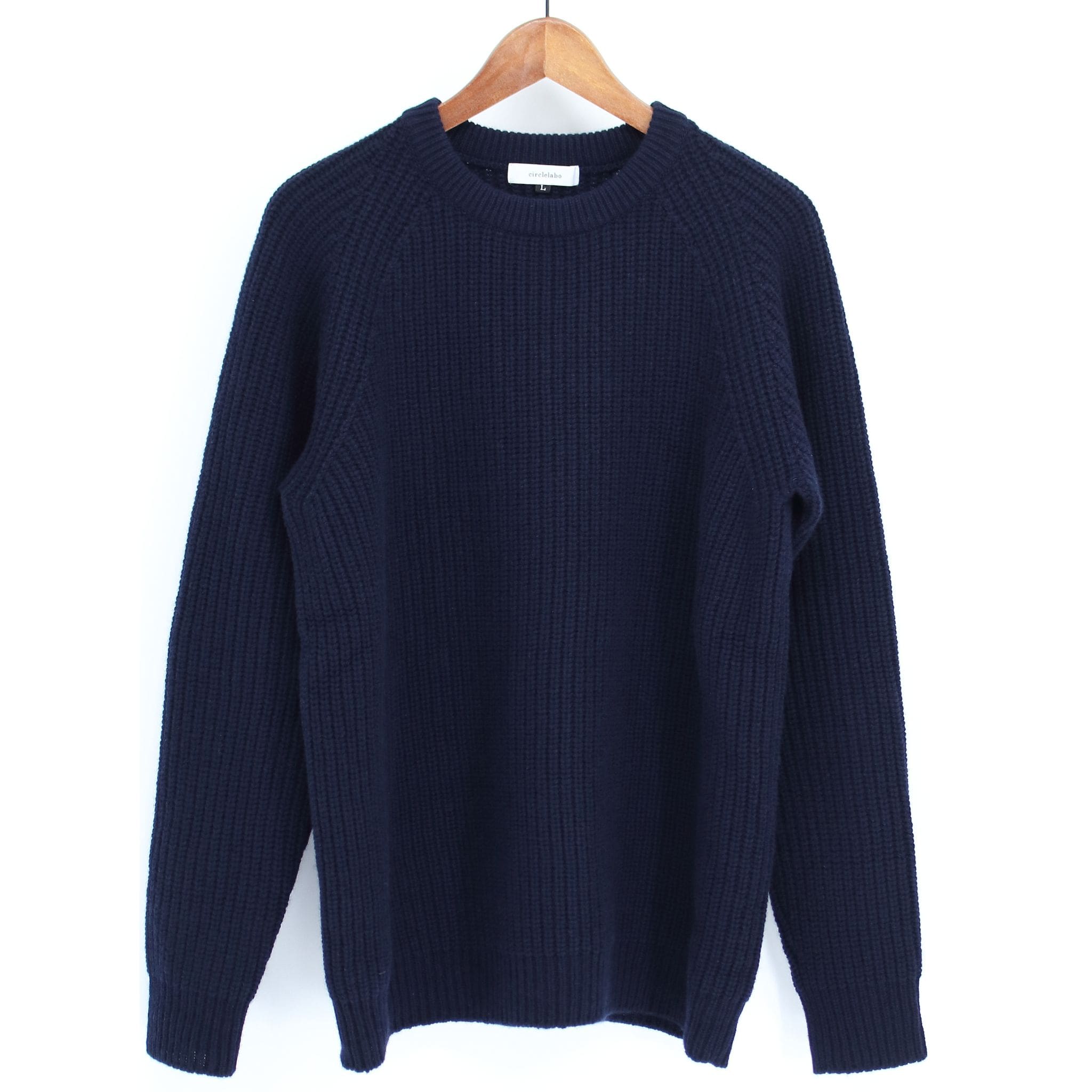 ピュアカシミヤ ホールガーメント ラグラン 畦編みクルーネックセーター