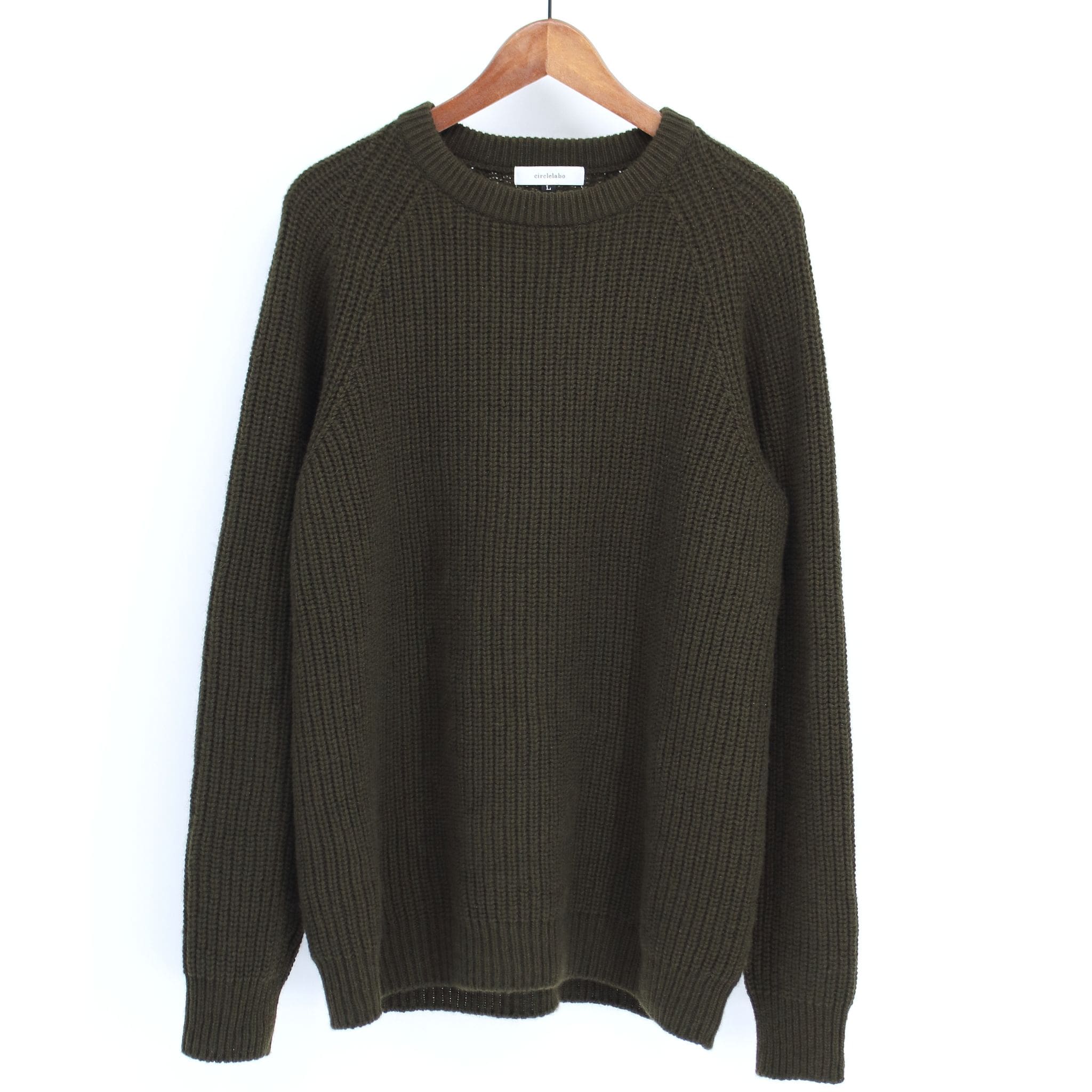 ピュアカシミヤ ホールガーメント ラグラン 畦編みクルーネックセーター