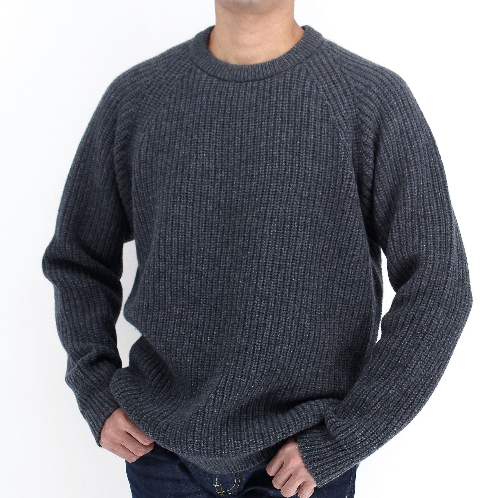ピュアカシミヤ ホールガーメント ラグラン 畦編みクルーネックセーター