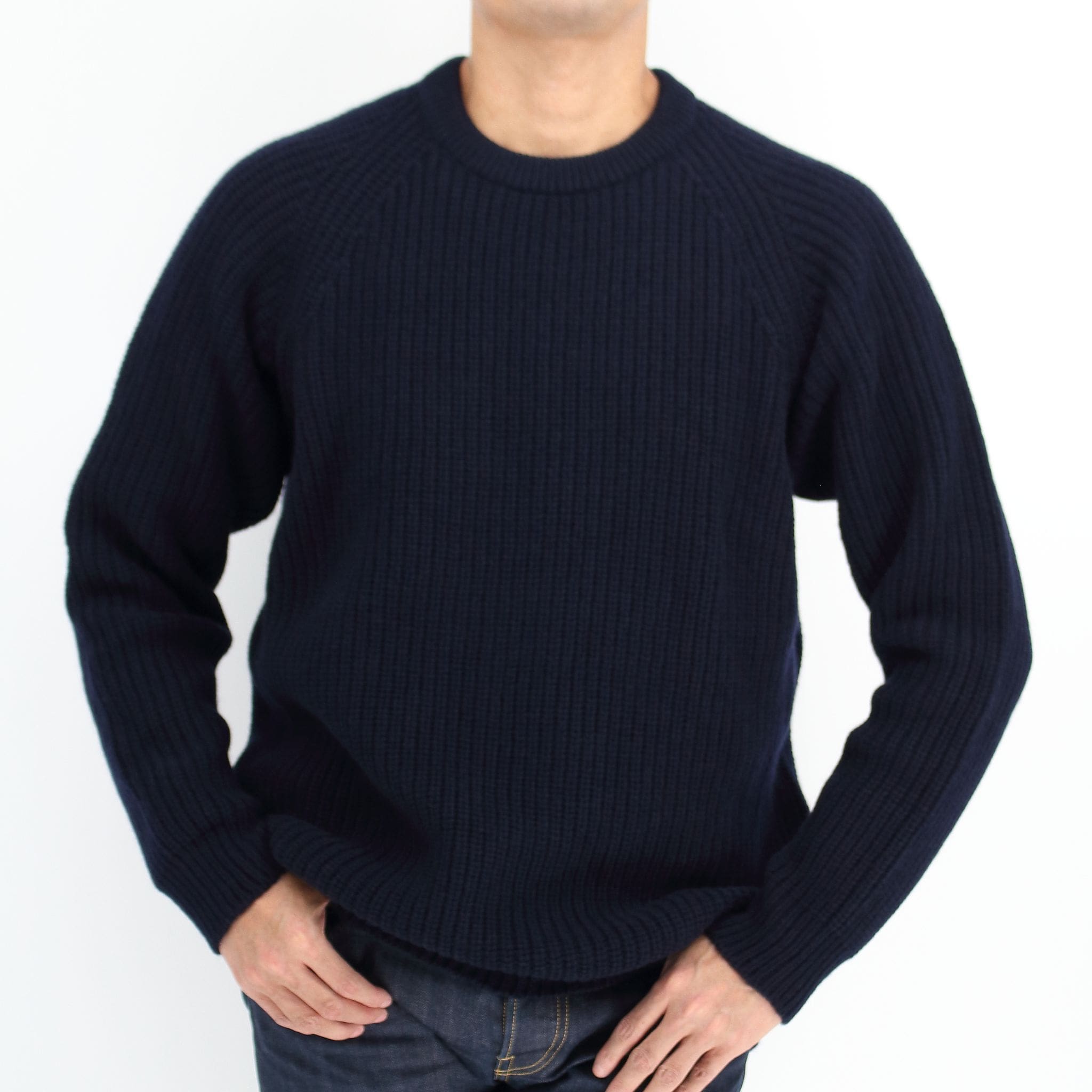 ピュアカシミヤ ホールガーメント ラグラン 畦編みクルーネックセーター