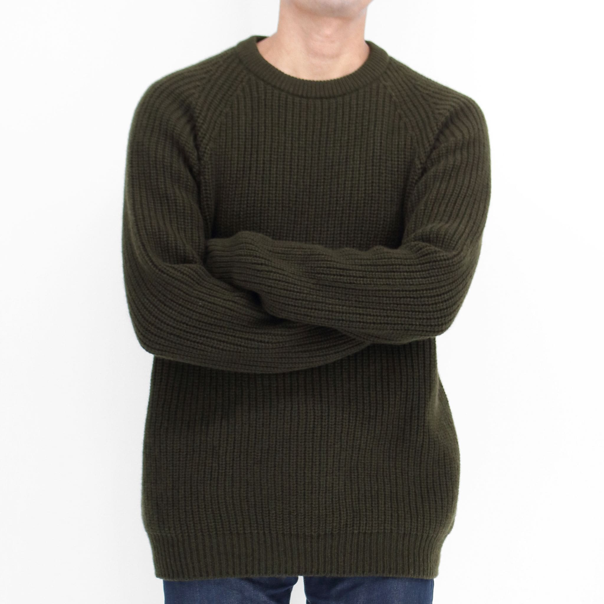 ピュアカシミヤ ホールガーメント ラグラン 畦編みクルーネックセーター